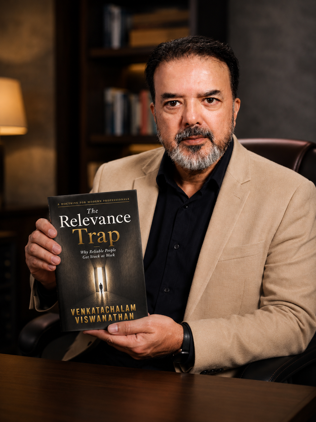 The author holding a copy of The Relevance Trap book